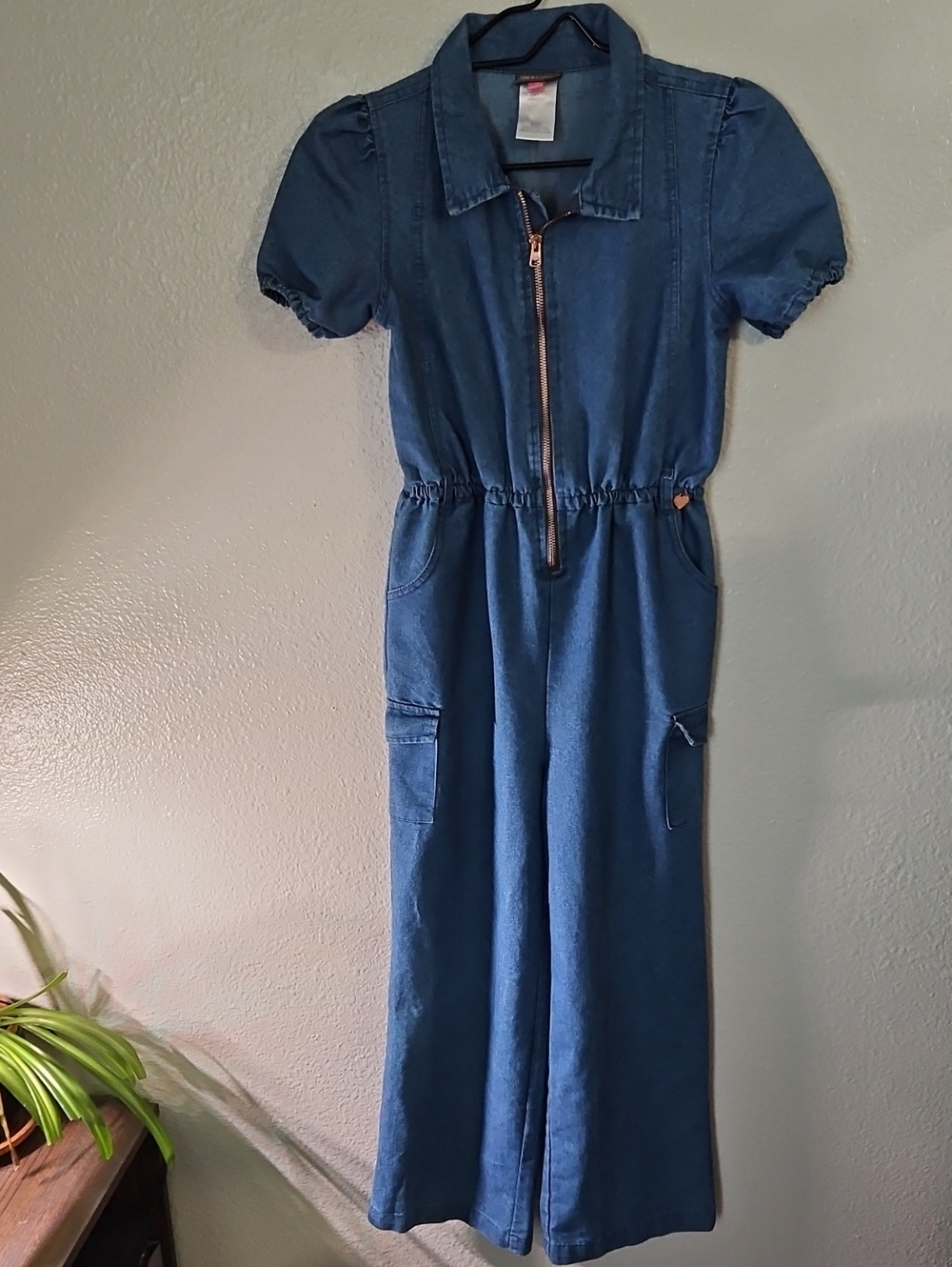 Vince Camuto Denim Utility Jumpsuit Wide Leg Cargo Puff Sleeve Size 10